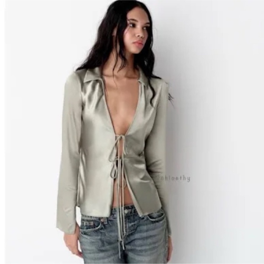 Zara Sexy Front Tie Faux Silk Blouse Gray/Green Women's Top